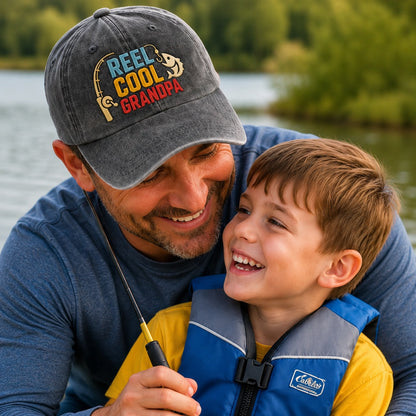 Man wearing a 'Reel Cool Grandpa' cap with a child by a lake