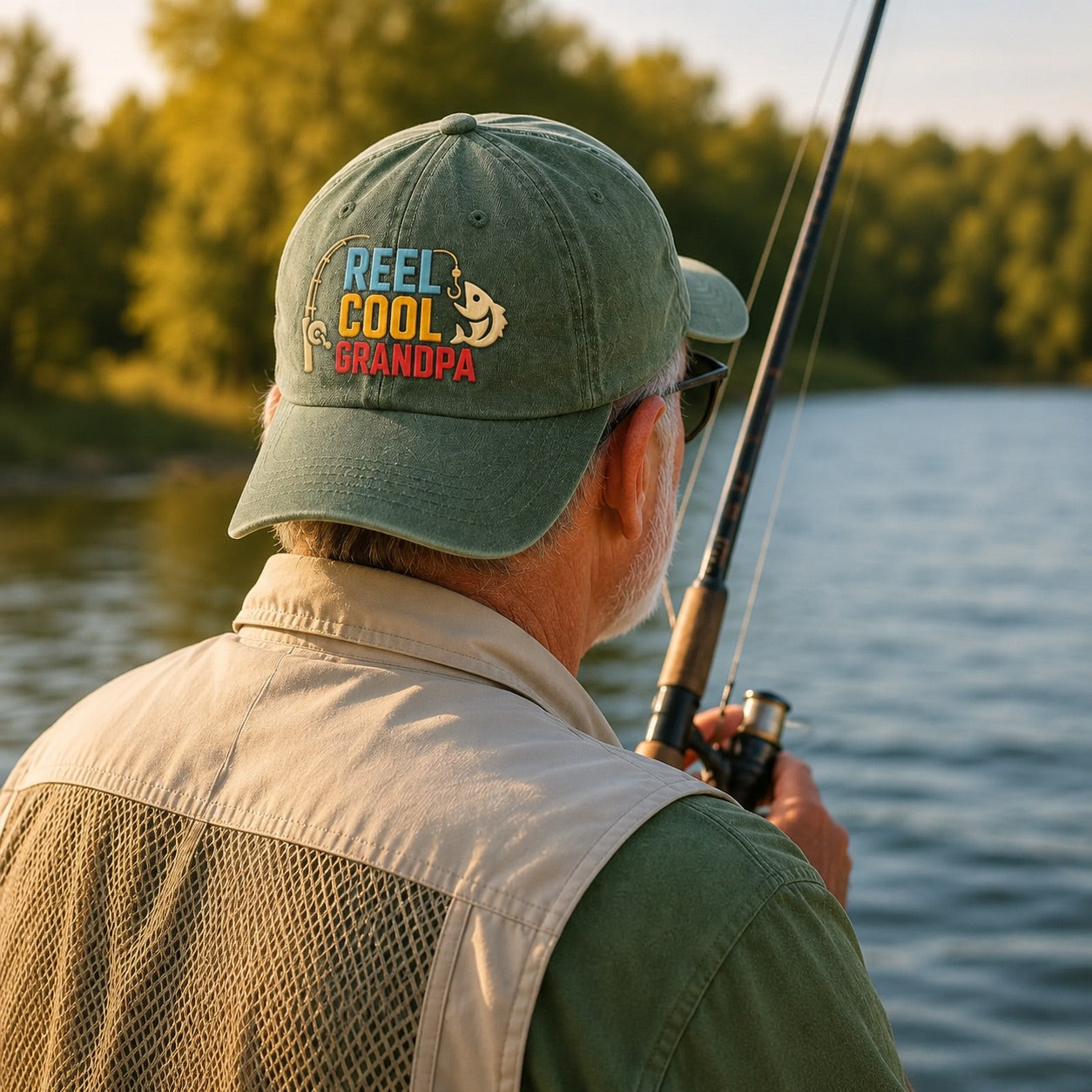 Man fishing by a lake wearing a cap with 'Reel Cool Grandpa' text