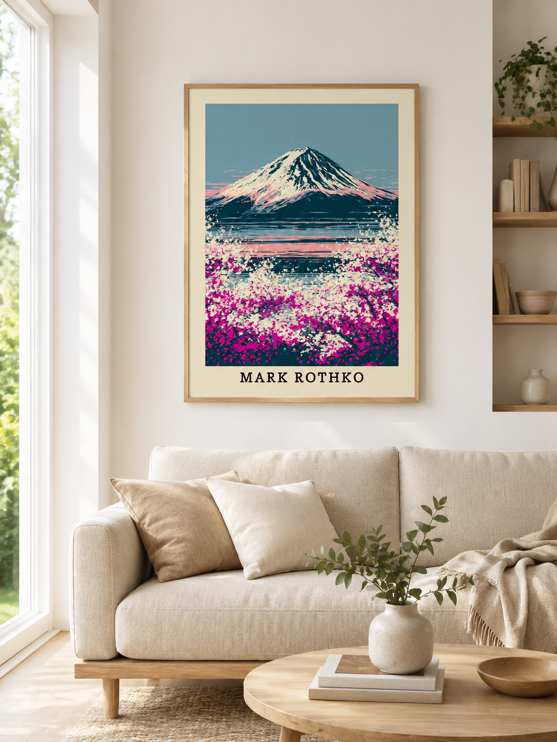 Retro Fuji Poster - Wall Art Decor - detail view - mount fuji art print, pink japanese wall art