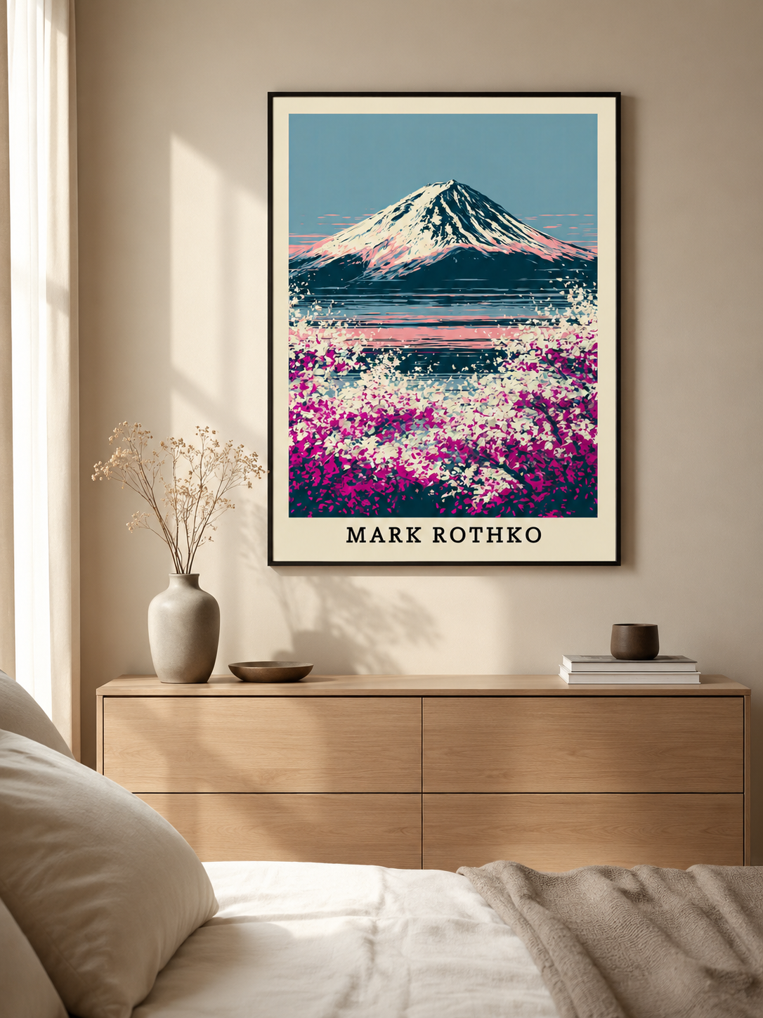 Retro Fuji Poster - Wall Art Decor - lifestyle shot - mount fuji art print, pink japanese wall art