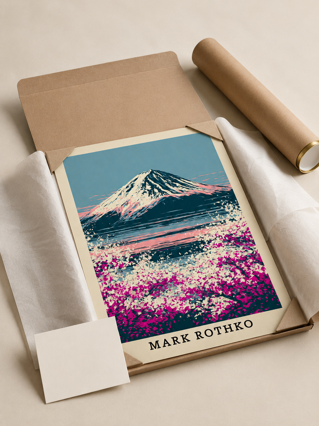Retro Fuji Poster - Wall Art Decor - lifestyle shot - mount fuji art print, pink japanese wall art