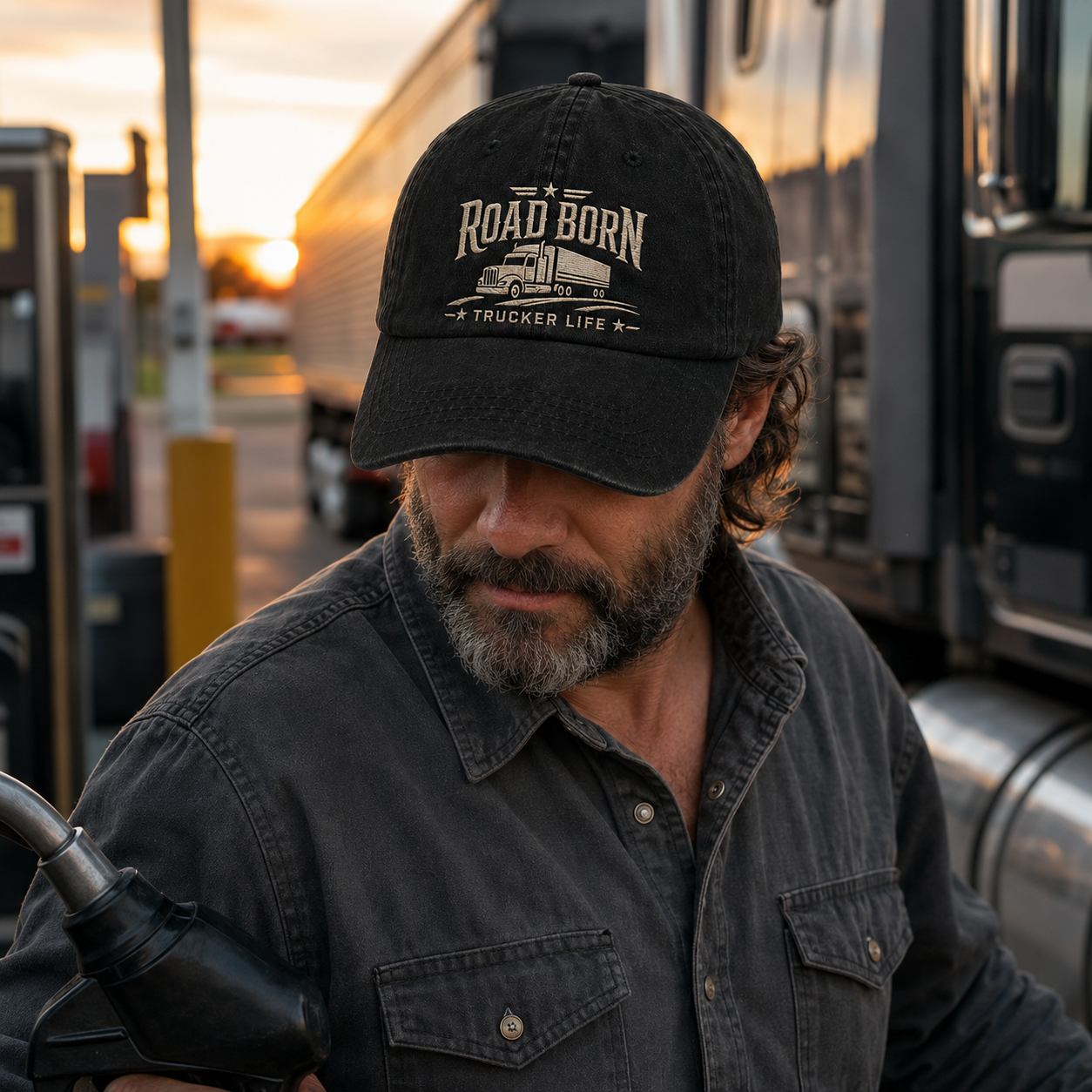Road Born Trucker Life Washed Cap - Washed Cap - side view