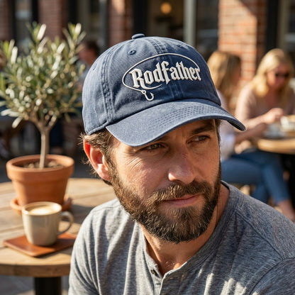 Man wearing a cap with 'Rodfather' text in an outdoor cafe setting