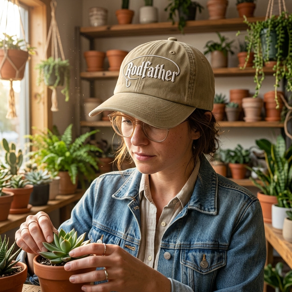 Person wearing a cap with 'Godfather' text, holding a potted plant in a plant-themed room.
