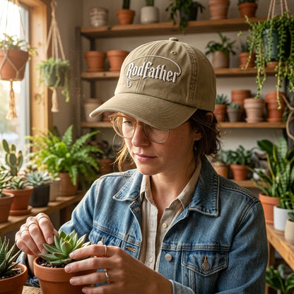Person wearing a cap with 'Godfather' text, holding a potted plant in a plant-themed room.