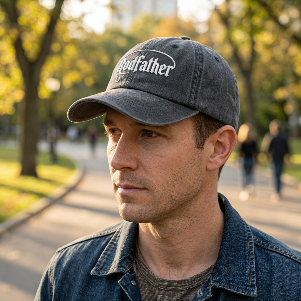 Man wearing a cap with 'Dadfather' text in an outdoor setting