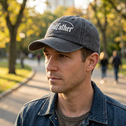 Man wearing a cap with 'Dadfather' text in an outdoor setting