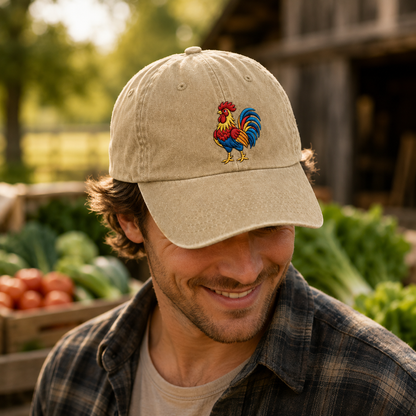 Rooster Embroidered Washed Cap - Washed Cap - side view