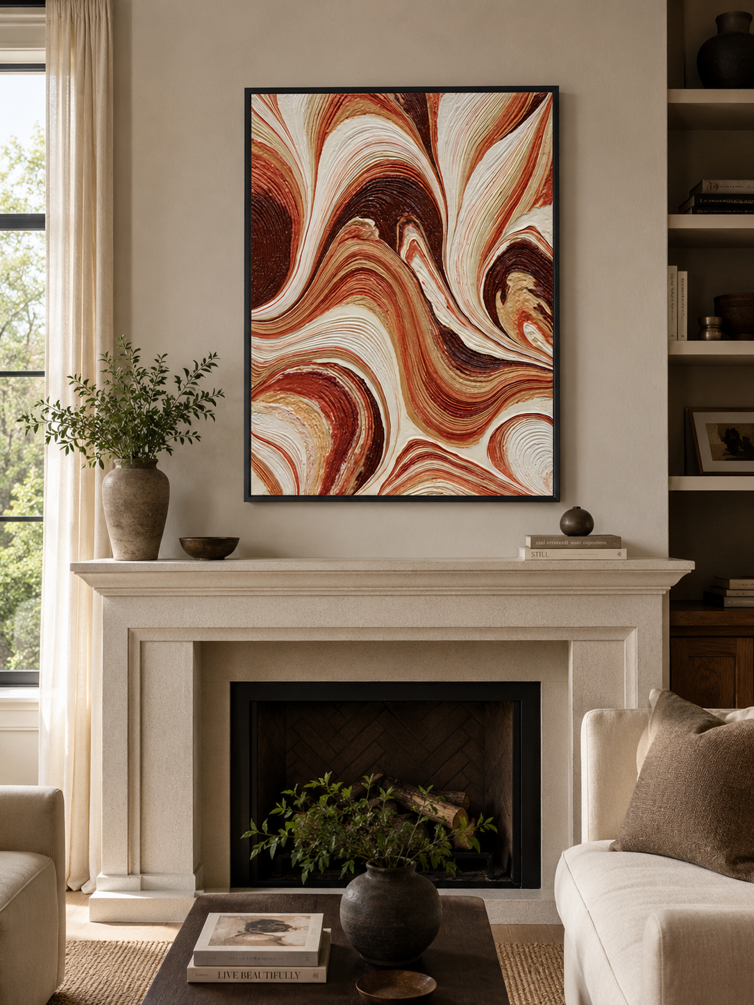 Rust Cream Abstract Wall Art - Wall Art Decor - close-up - rust cream abstract wall art, earth tone art print
