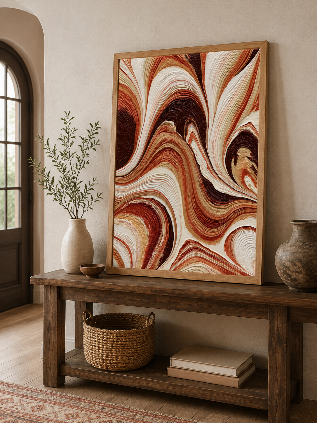 Rust Swirl Wall Art - Wall Art Decor - front view - earth tone art print, cream brown wall decor