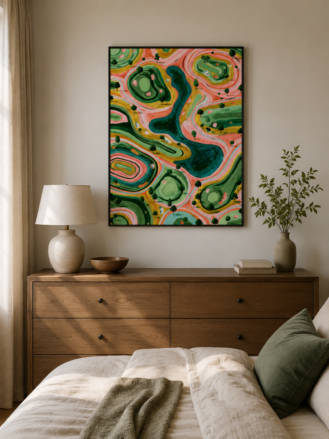 Sage Coral Abstract Wall Art - Wall Art Decor - lifestyle shot - sage coral abstract wall art, organic landscape art print