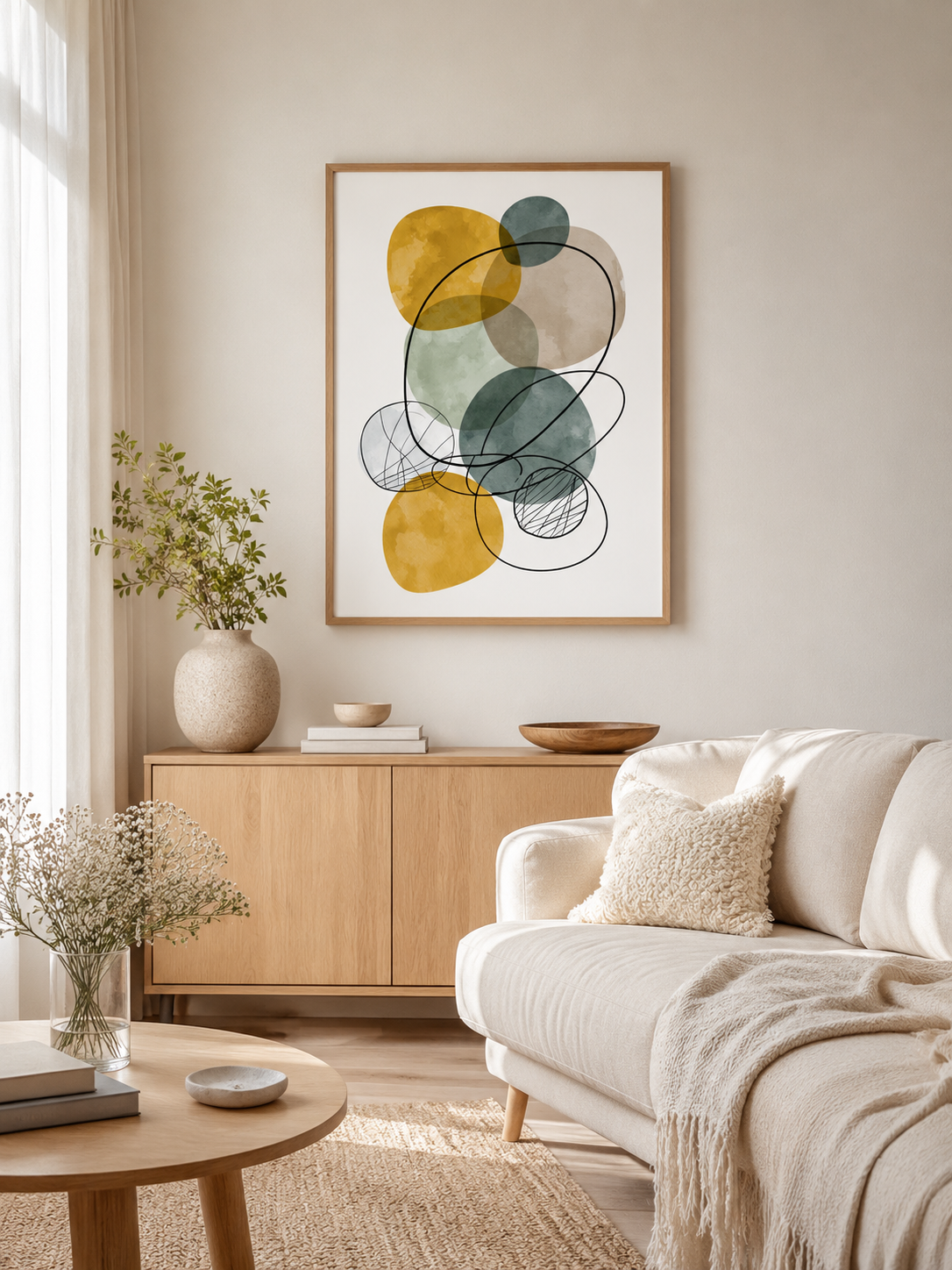 Sage Mustard Abstract Wall Art - Wall Art Decor - detail view - sage mustard abstract wall art, mustard abstract art print