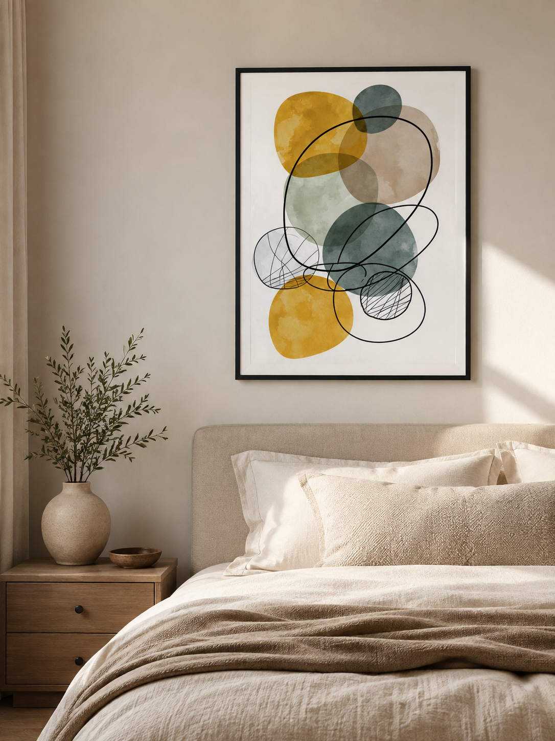 Sage Mustard Abstract Wall Art - Wall Art Decor - lifestyle shot - sage mustard abstract wall art, mustard abstract art print