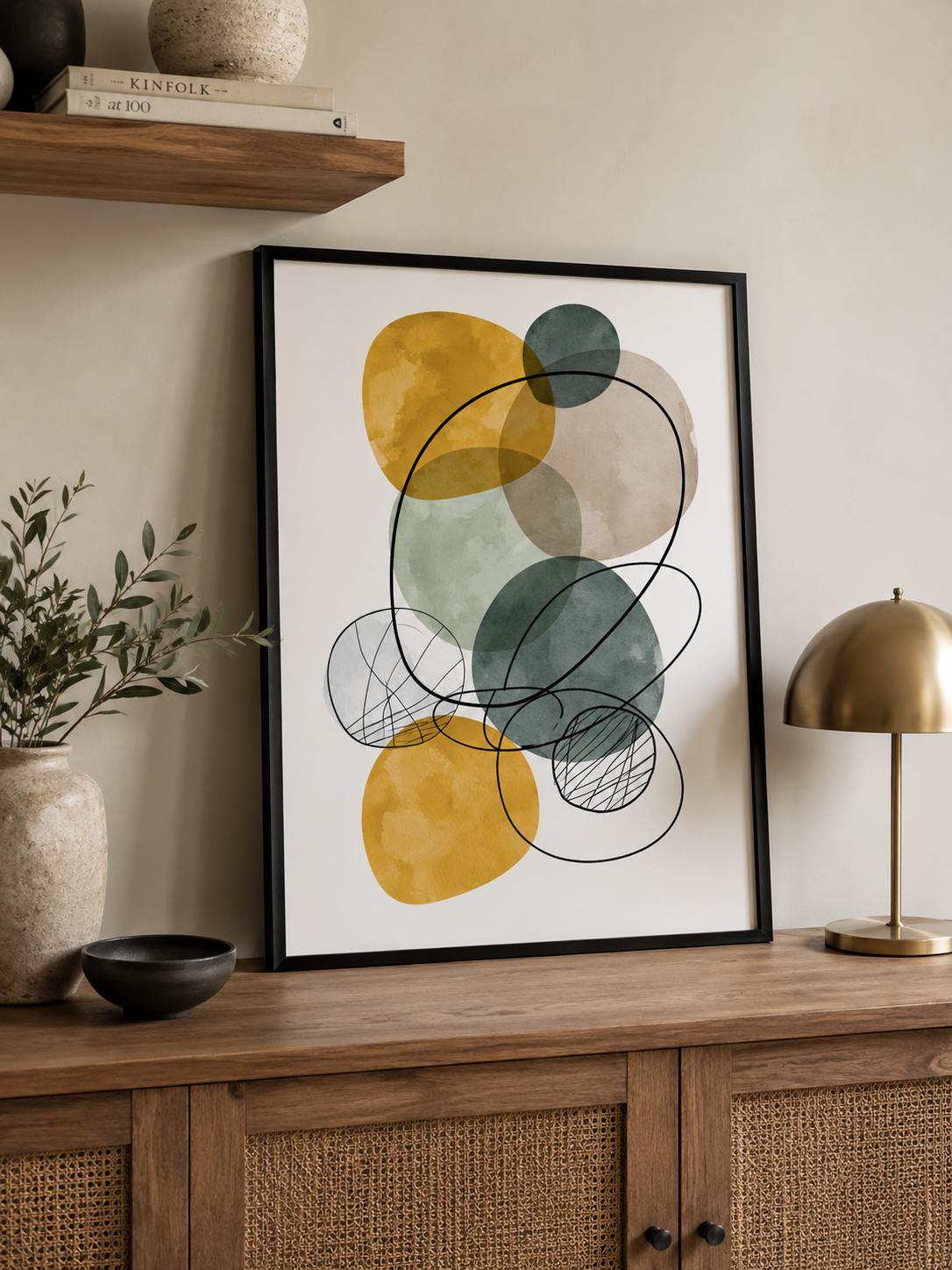 Sage Mustard Abstract Wall Art - Wall Art Decor - front view - sage mustard abstract wall art, mustard abstract art print