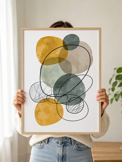 Sage Mustard Abstract Wall Art - Wall Art Decor - detail view - sage mustard abstract wall art, mustard abstract art print