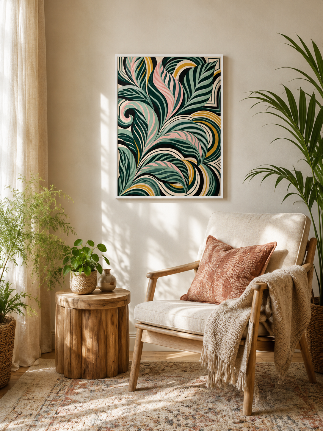 Sage Spiral Frond Wall Art - Wall Art Decor - close-up - sage abstract wall art, sage botanical decor