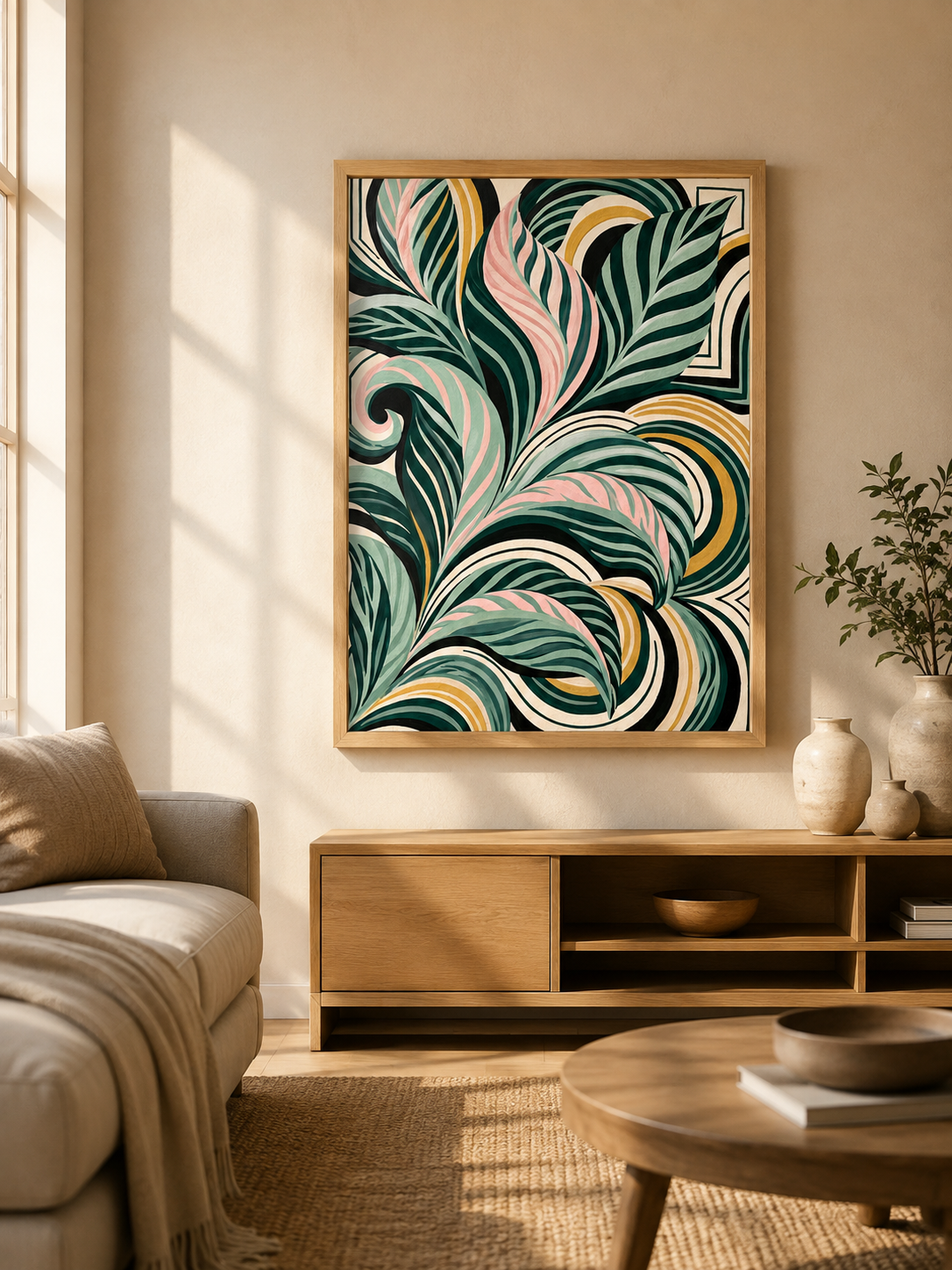 Sage Spiral Frond Wall Art - Wall Art Decor - detail view - sage abstract wall art, sage botanical decor