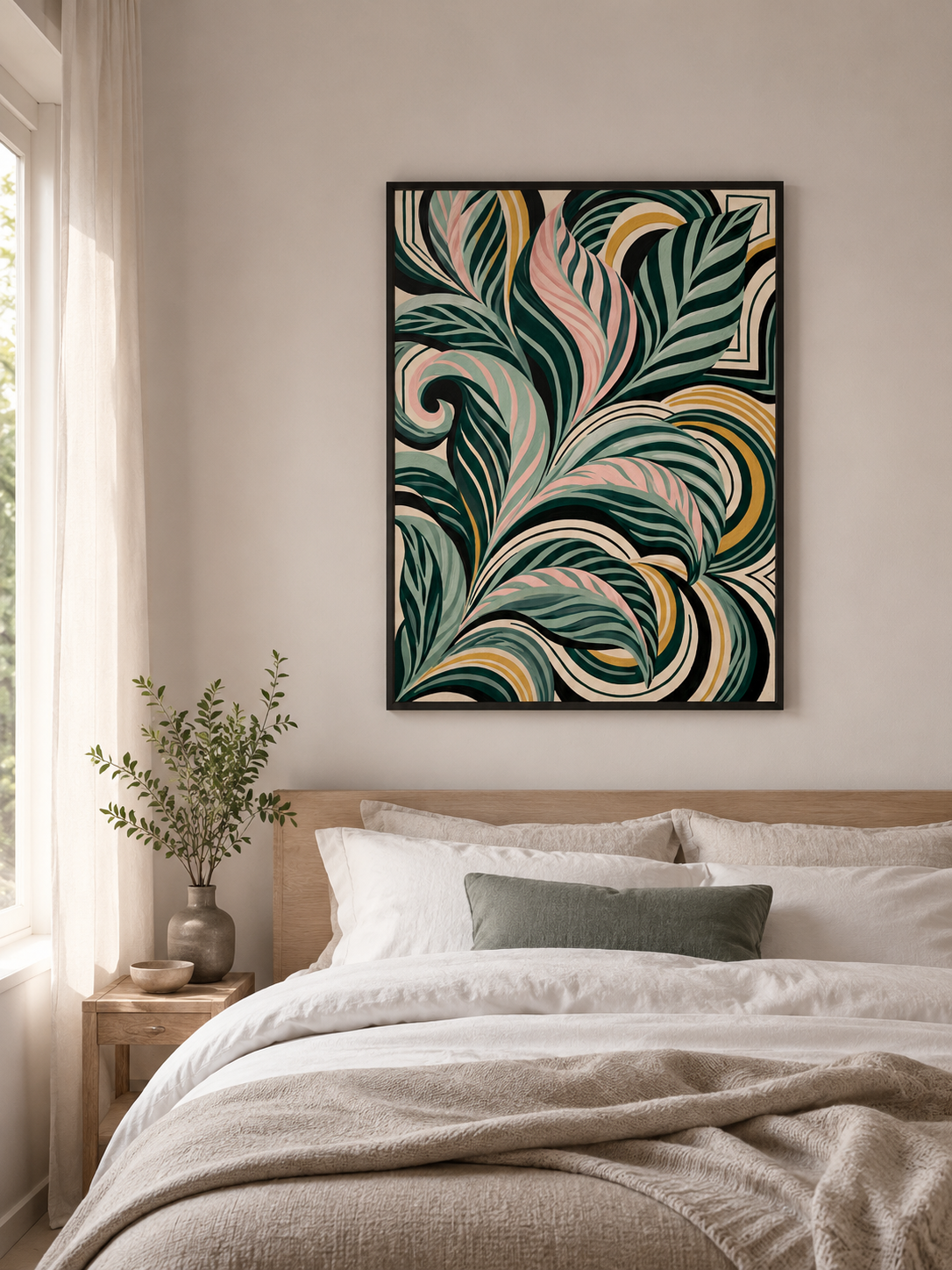 Sage Spiral Frond Wall Art - Wall Art Decor - lifestyle shot - sage abstract wall art, sage botanical decor