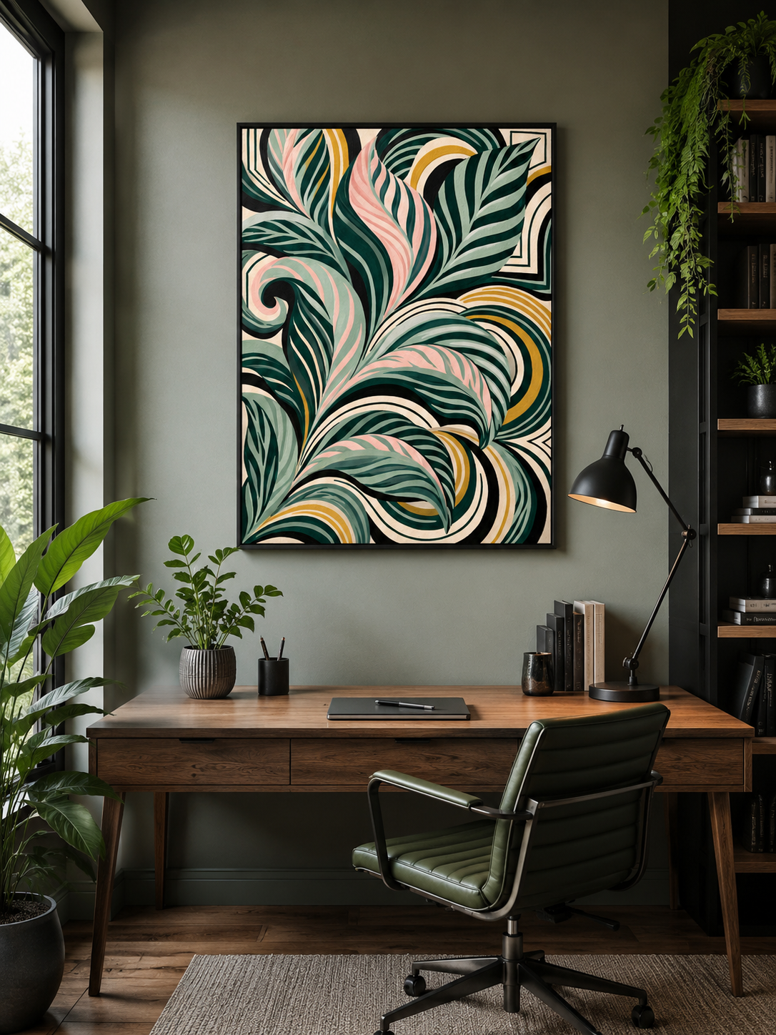 Sage Spiral Frond Wall Art - Wall Art Decor - front view - sage abstract wall art, sage botanical decor