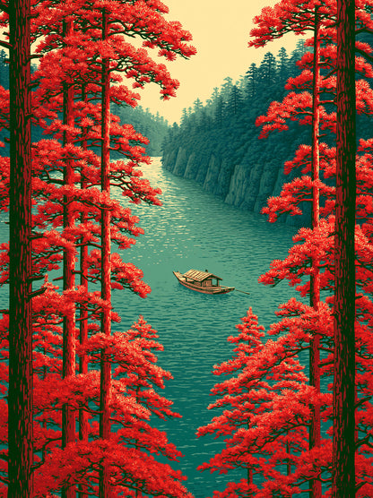 Scarlet River Landscape Poster - Wall Art Decor - front view - woodblock landscape print, river boat artwork