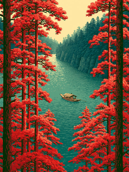 Scarlet River Landscape Poster - Wall Art Decor - front view - woodblock landscape print, river boat artwork