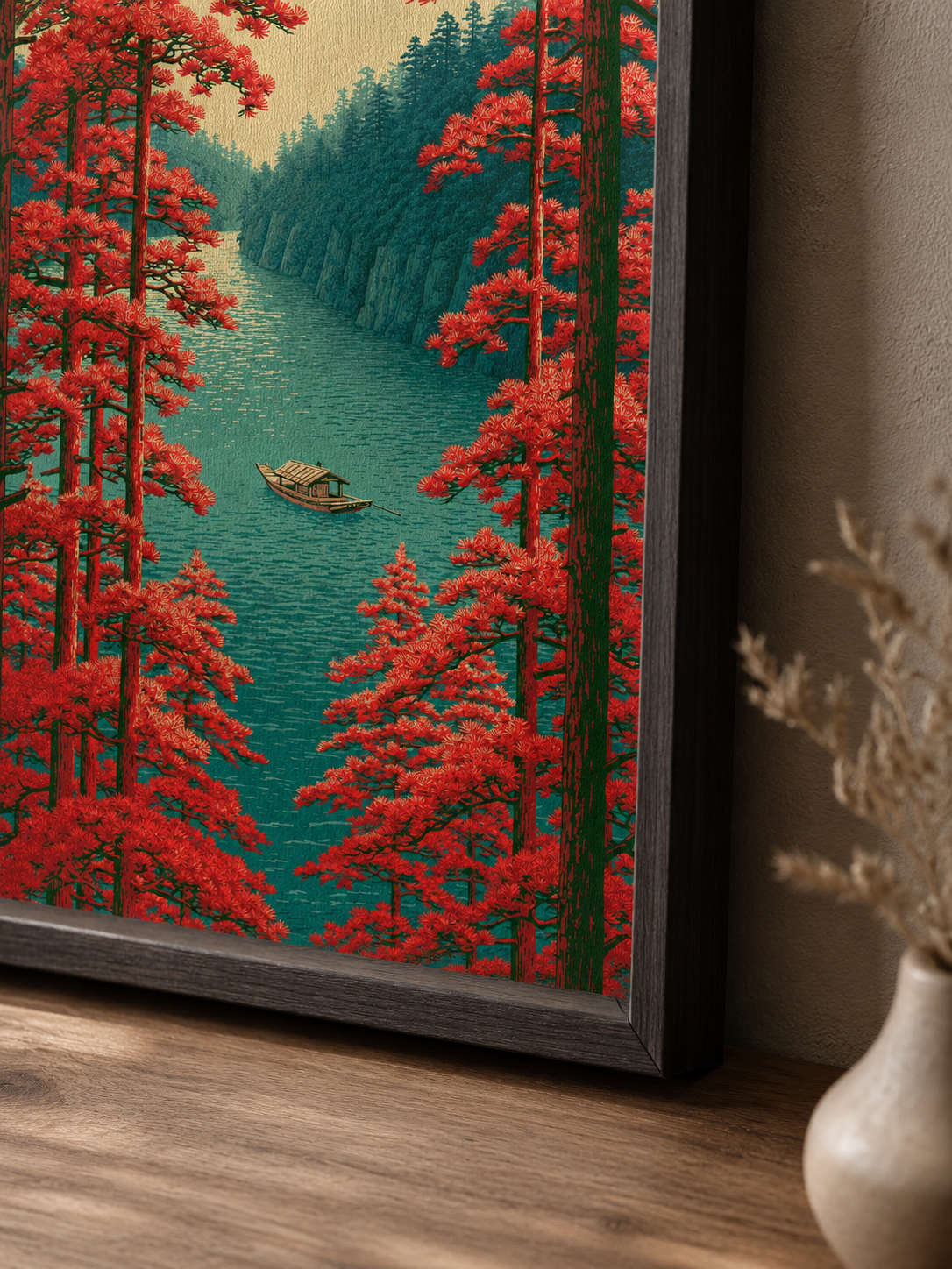Scarlet River Landscape Poster - Wall Art Decor - close-up - woodblock landscape print, river boat artwork