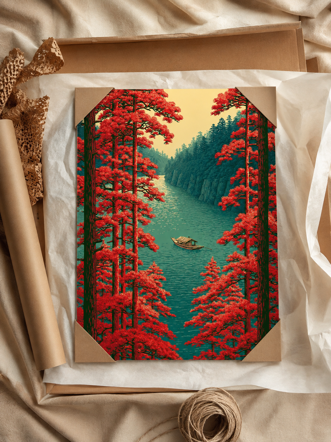 Scarlet River Landscape Poster - Wall Art Decor - alternate angle - woodblock landscape print, river boat artwork