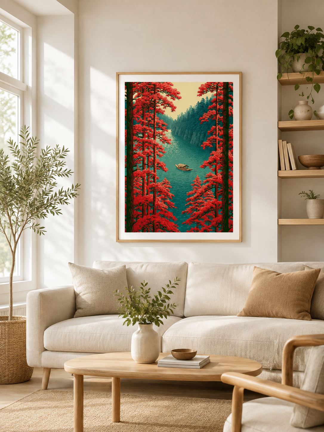 Scarlet River Landscape Poster - Wall Art Decor - detail view - woodblock landscape print, river boat artwork