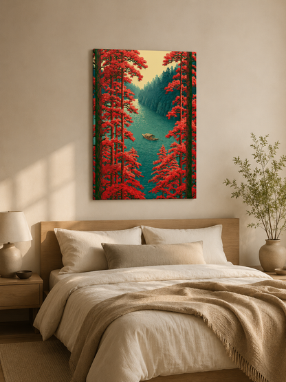 Scarlet River Landscape Poster - Wall Art Decor - lifestyle shot - woodblock landscape print, river boat artwork
