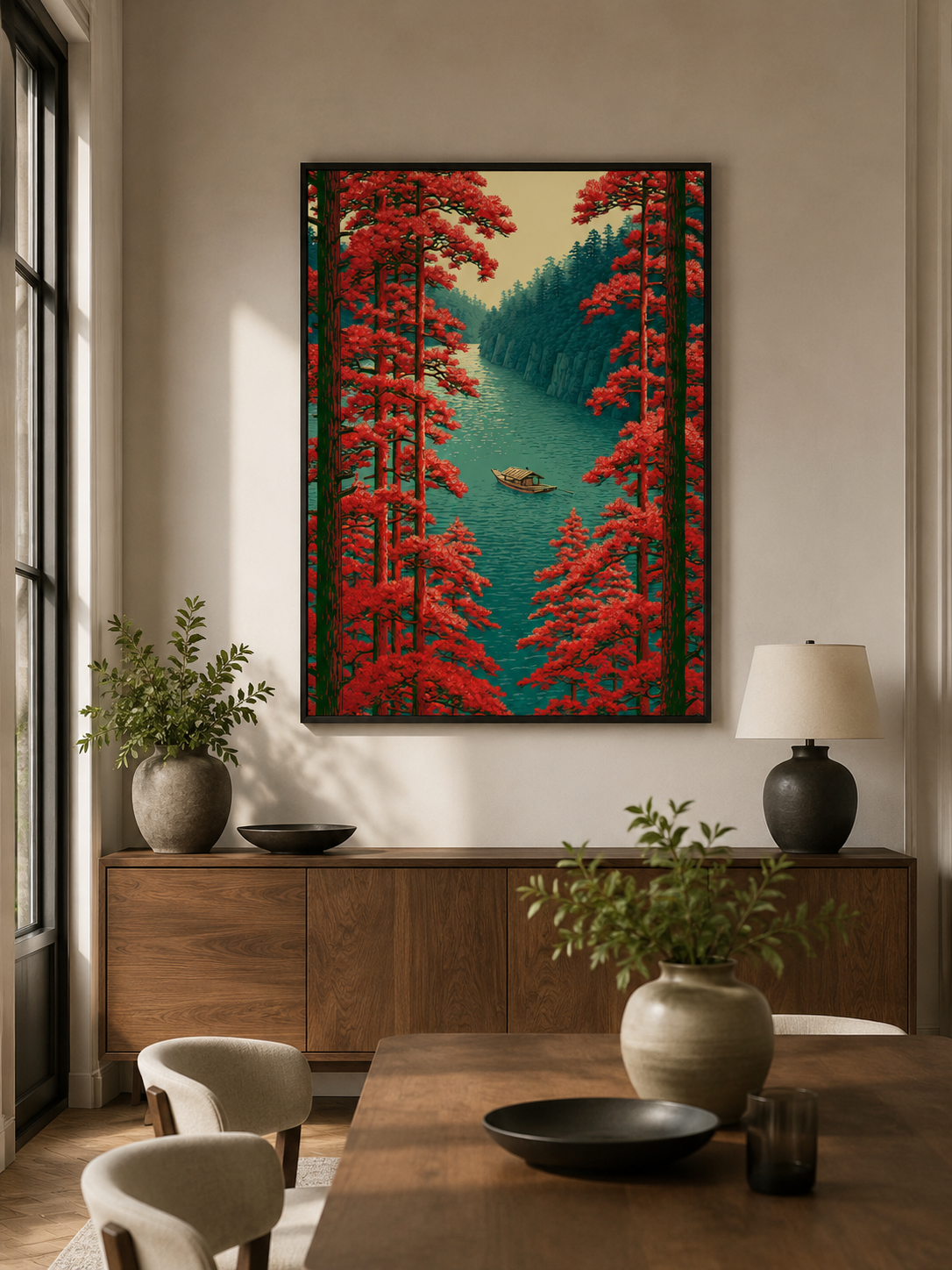 Scarlet River Landscape Poster - Wall Art Decor - close-up - woodblock landscape print, river boat artwork