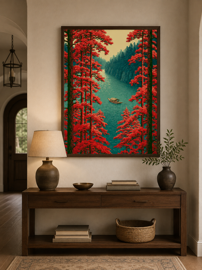 Scarlet River Landscape Poster - Wall Art Decor - alternate angle - woodblock landscape print, river boat artwork