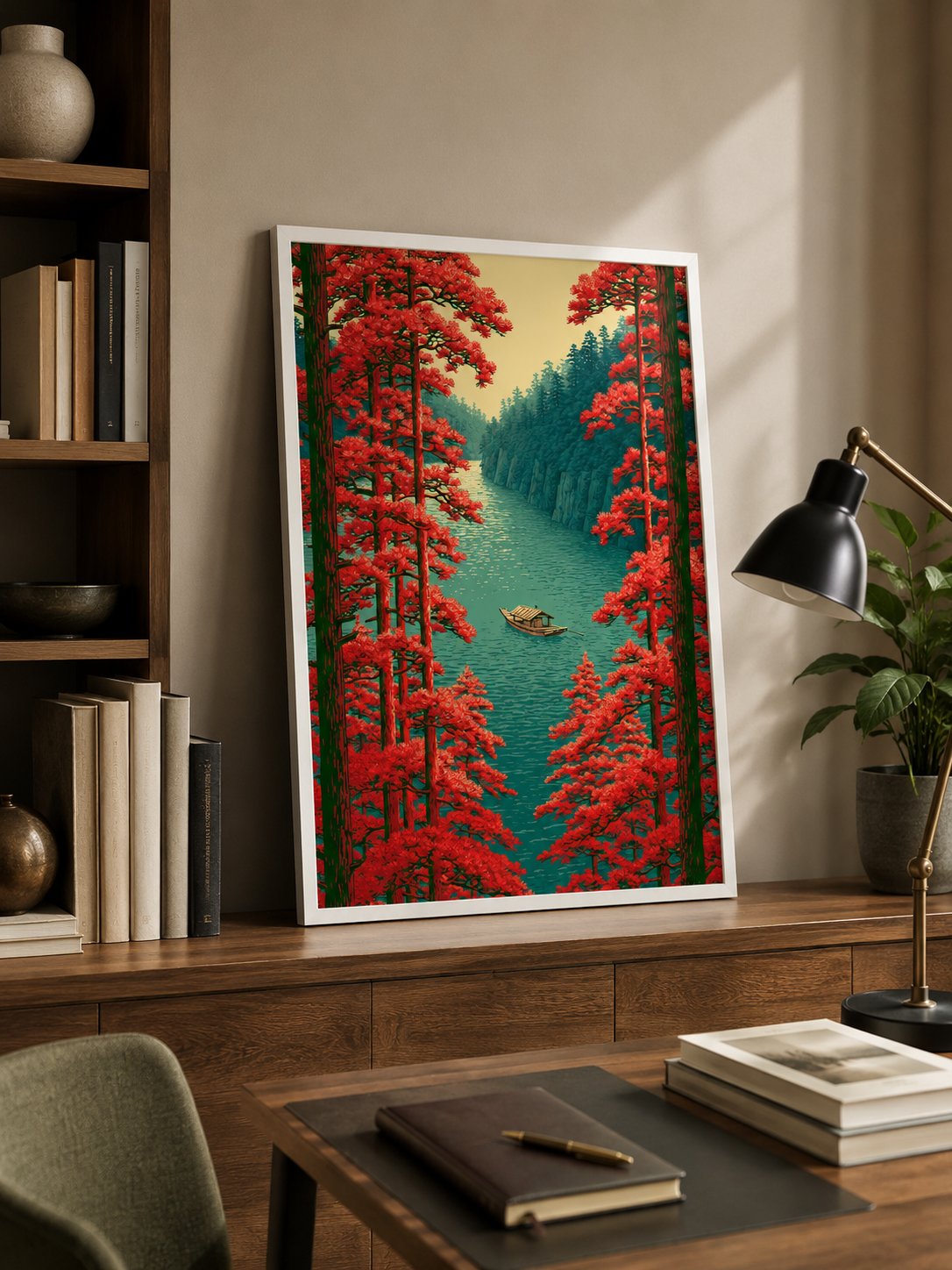 Scarlet River Landscape Poster - Wall Art Decor - packaging - woodblock landscape print, river boat artwork