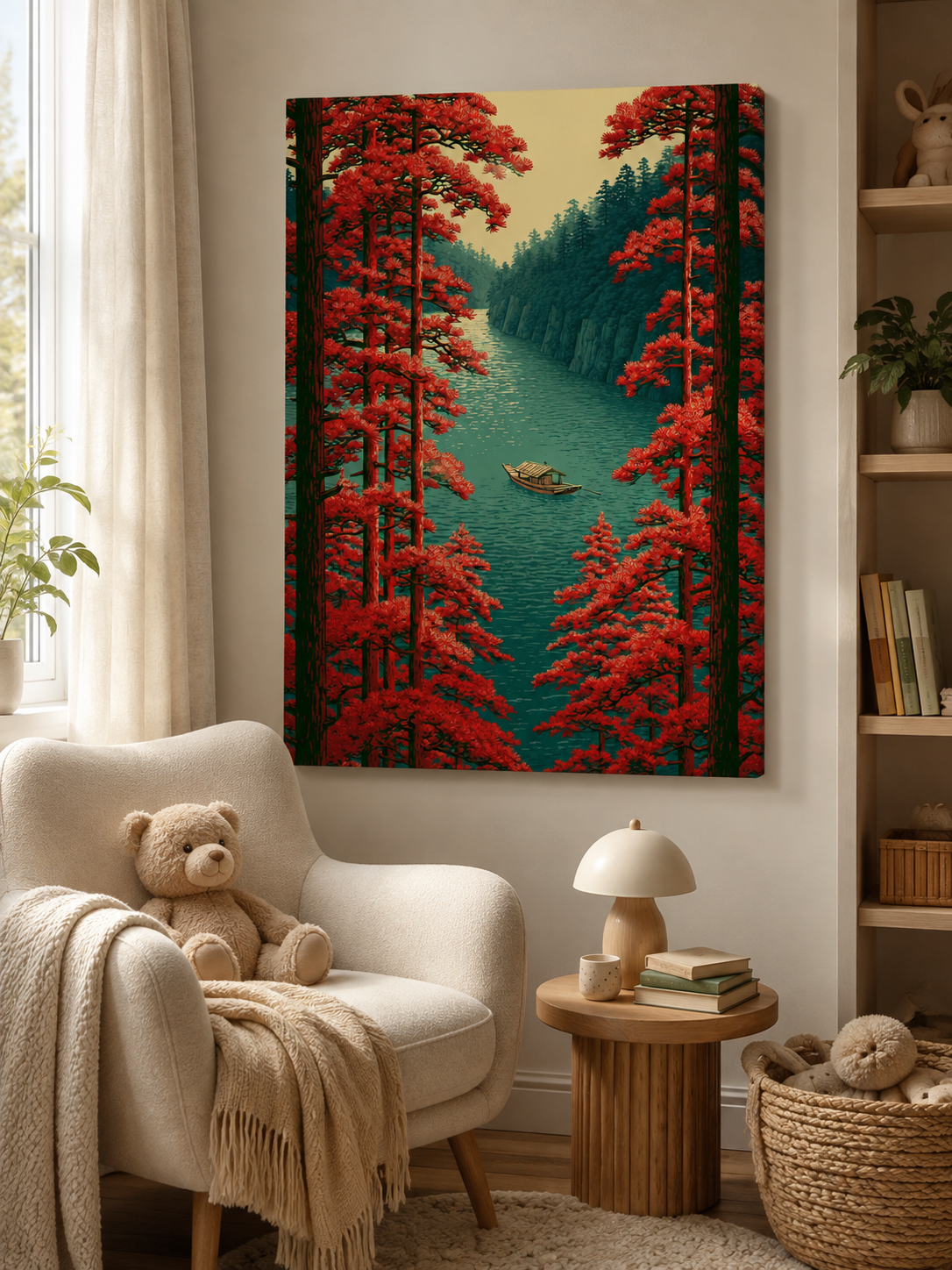 Scarlet River Landscape Poster - Wall Art Decor - front view - woodblock landscape print, river boat artwork