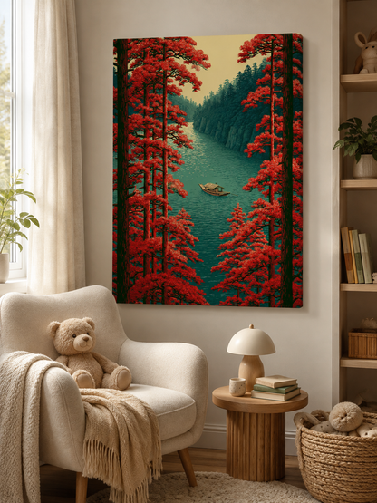 Scarlet River Landscape Poster - Wall Art Decor - front view - woodblock landscape print, river boat artwork