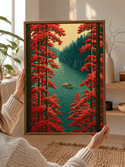 Scarlet River Landscape Poster - Wall Art Decor - detail view - woodblock landscape print, river boat artwork