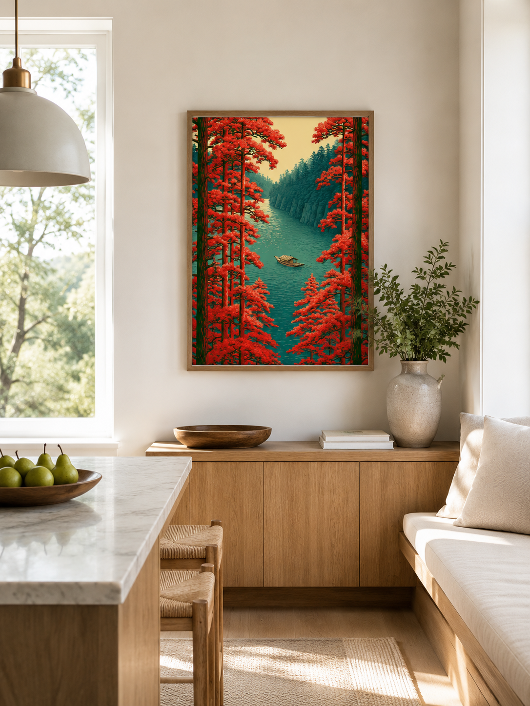 Scarlet River Landscape Poster - Wall Art Decor - lifestyle shot - woodblock landscape print, river boat artwork