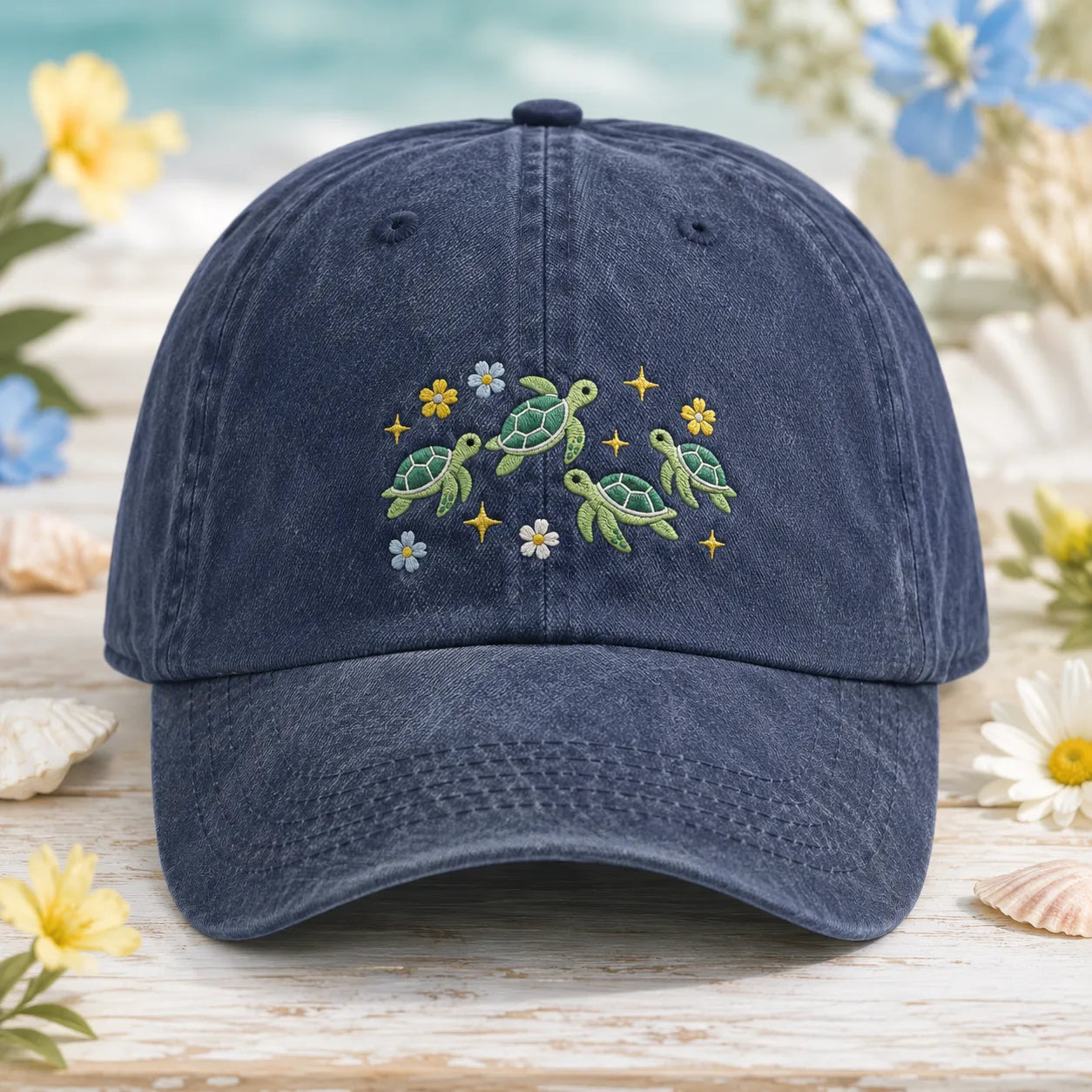 Sea Turtle Embroidered Washed Cap - washed cap - front view