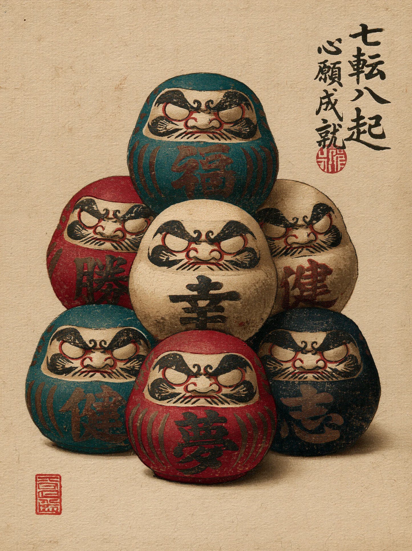 Seven Daruma Dolls Wall Art Decor - Wall Art Decor - front view