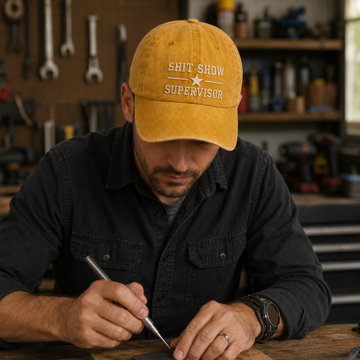 Man wearing a yellow cap with text, working on a tool in a workshop.