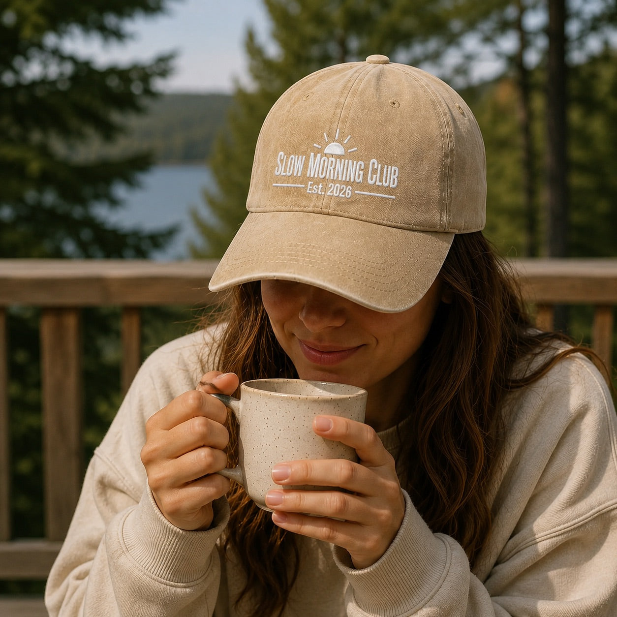 Person wearing a 'Slow Morning Club' cap and holding a mug outdoors with trees and water in the background.