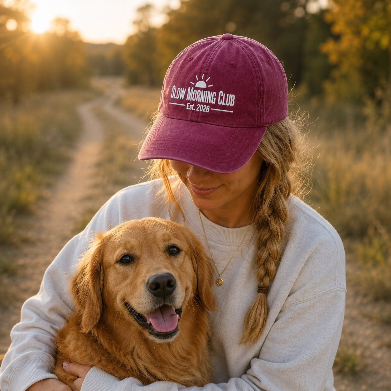 Person wearing a 'Slow Morning Club' cap sitting with a dog in a field at sunset.