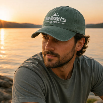 Man wearing a cap with 'Slow Morning Club' text by a lake at sunset