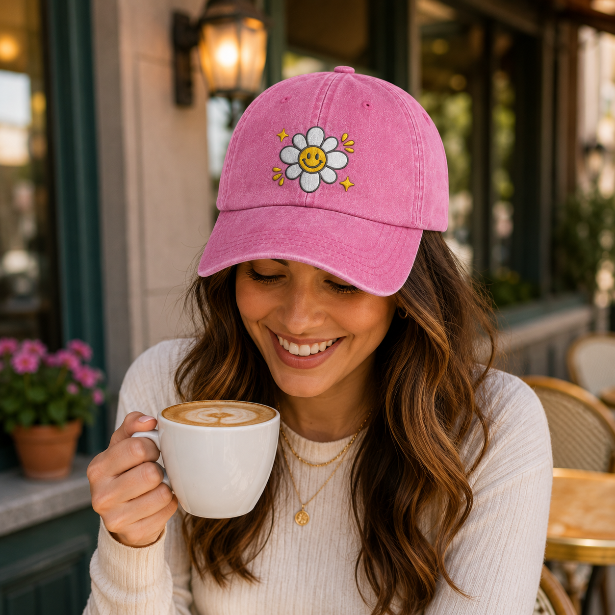 Smiley Daisy Embroidered Washed Cap - Washed Cap - alternate angle