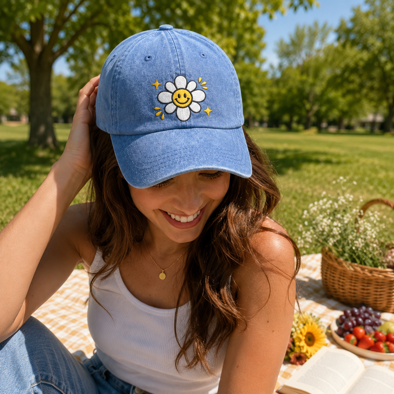 Smiley Daisy Embroidered Washed Cap - Washed Cap - detail