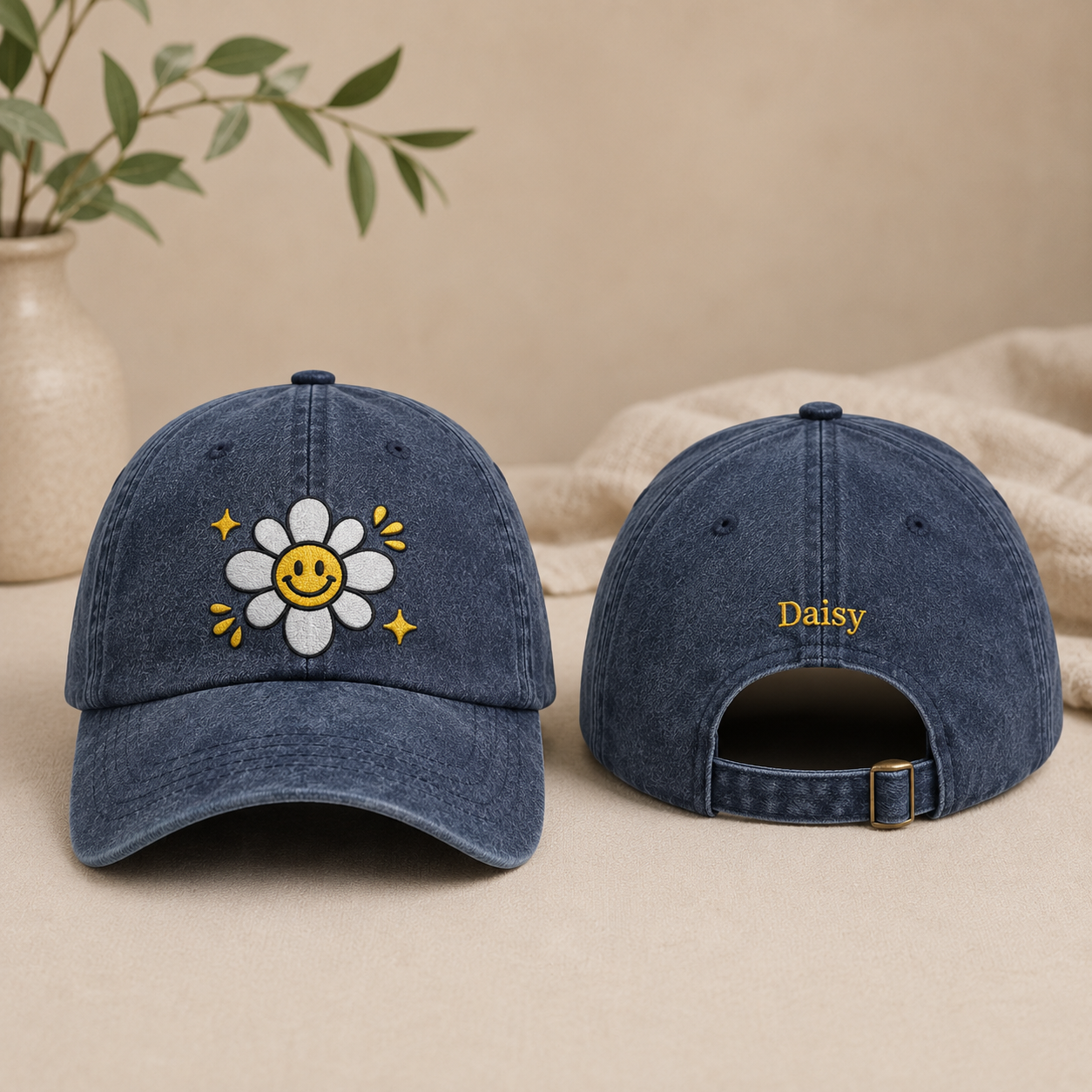 Smiley Daisy Embroidered Washed Cap - Washed Cap - front view