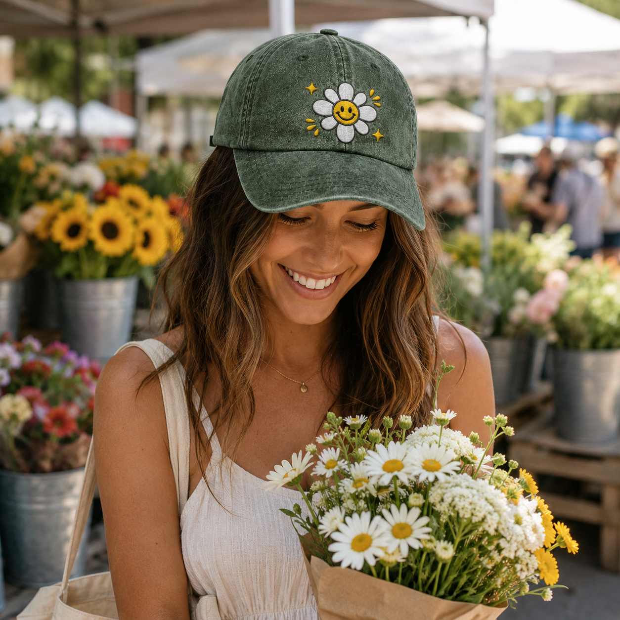 Smiley Daisy Embroidered Washed Cap - Washed Cap - lifestyle