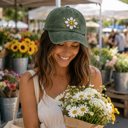 Smiley Daisy Embroidered Washed Cap - Washed Cap - lifestyle