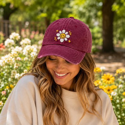 Smiley Daisy Embroidered Washed Cap - Washed Cap - side view