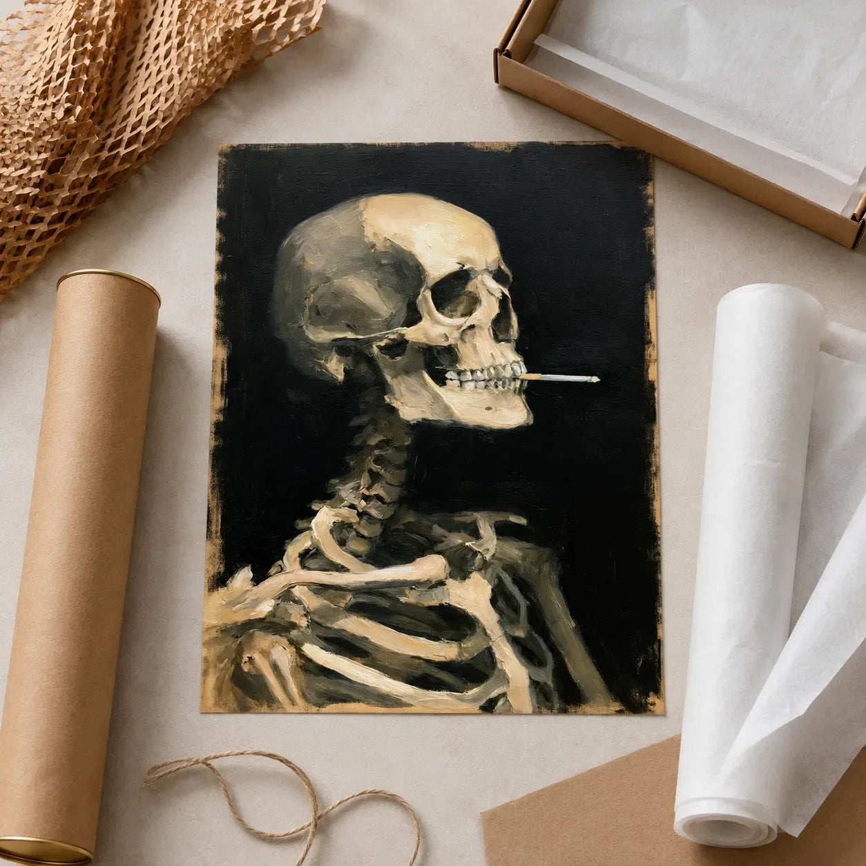 Smoking Skeleton Oil Painting Wall Art Decor - Wall Art Decor - back view