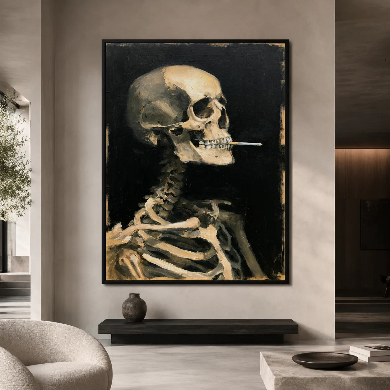 Smoking Skeleton Oil Painting Wall Art Decor - Wall Art Decor - close up